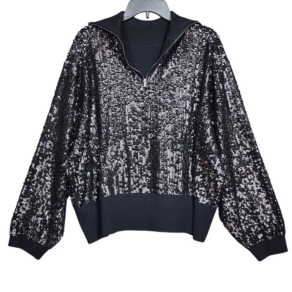 J.Crew Collection Sequin Reversible Zip-Up Turtleneck‎ Sweater Black 3X
